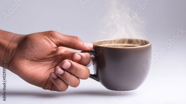 Fototapeta Clean commercial photograph of a human hand on a white background holding a steaming coffee mug