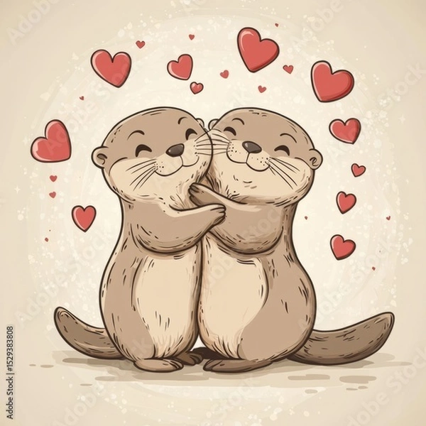 Fototapeta Two small otters hug, otters in a cartoon simple style, hearts are flying around