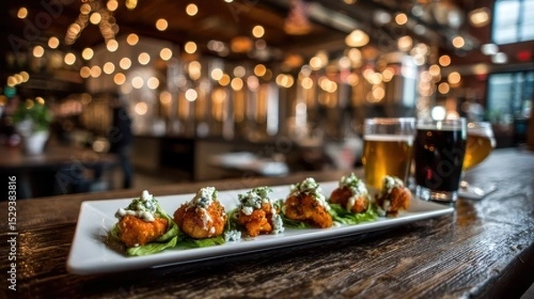 Fototapeta Weightless buffalo cauliflower bites with blue cheese drizzle against a softly blurred craft brewery backdrop