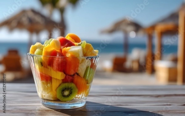 Fototapeta Vibrant tropical fruit salad of mango, pineapple and kiwi in a glass dish with softly blurred beachside cabana background
