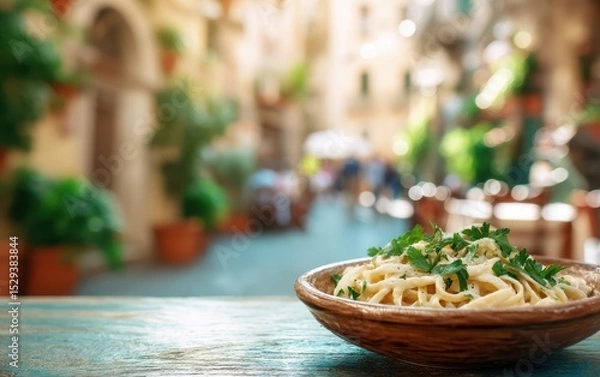 Fototapeta Creamy fettuccine alfredo garnished with parsley in a rustic ceramic dish with softly blurred Italian trattoria background