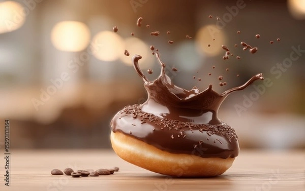 Fototapeta Airborne chocolate glazed donut erupting with glossy chocolate icing splatters on a softly blurred cafÃ© scene background