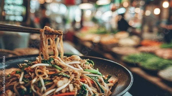 Fototapeta Weightless pad thai noodles with peanut sauce arcs against a softly blurred street food stall background