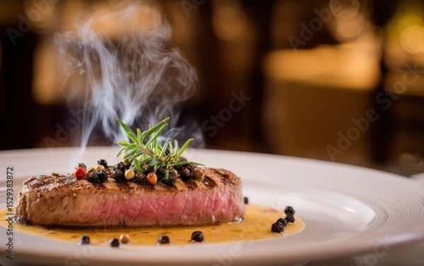 Fototapeta Weightless grilled steak slice surrounded by peppercorn sauce jets against a softly blurred upscale steakhouse background