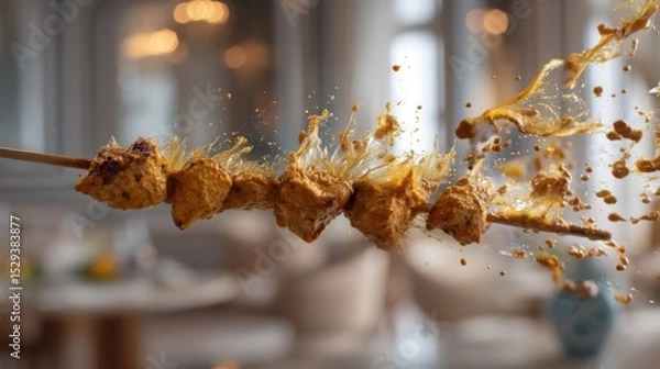 Fototapeta Floating chicken tikka skewers with curry sauce splatters against a softly blurred Indian restaurant background