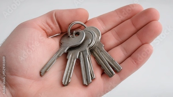 Fototapeta Editorial style image of a human hand on a white background holding a set of silver keys