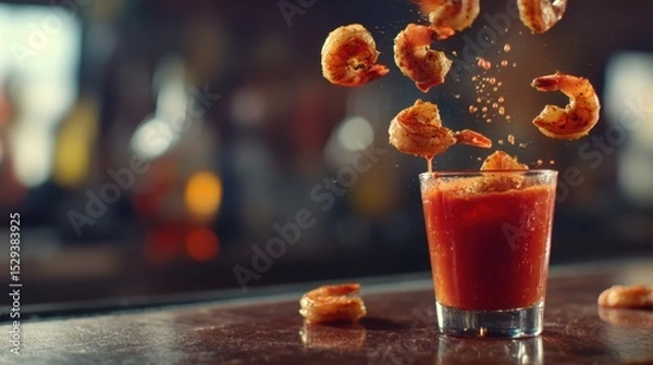 Fototapeta Airborne shrimp cocktail with tangy cocktail sauce arcs over a softly blurred bar counter background