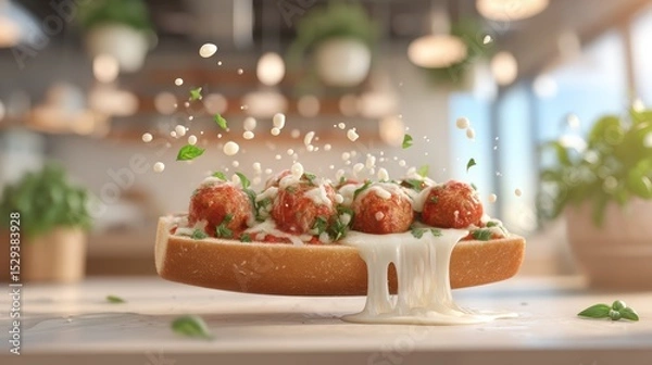 Fototapeta Floating meatball sub with melted mozzarella string splashes over a softly blurred sandwich shop background