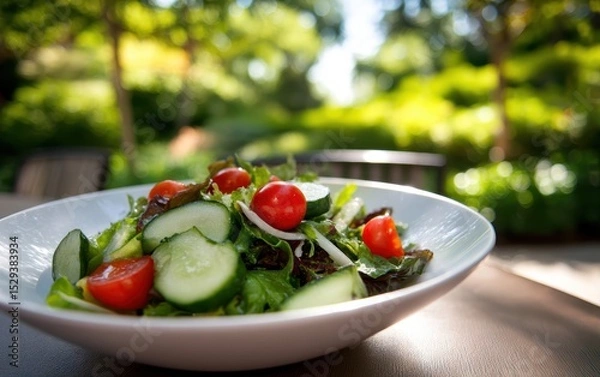 Fototapeta Fresh garden salad of mixed greens, cherry tomatoes and cucumber in a white bowl with softly blurred sunlit outdoor patio background