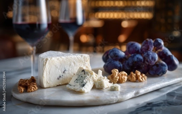 Fototapeta Gourmet cheese board with brie, blue cheddar, grapes and walnuts on a marble surface with softly blurred wine cellar background