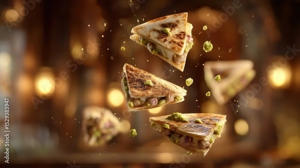 Fototapeta Floating quesadilla wedges with guacamole dollop splatters against a softly blurred Mexican cantina background