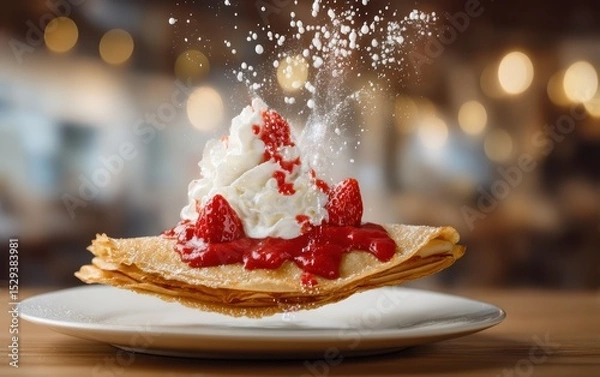 Fototapeta Hovering dessert crepe with strawberry coulis and whipped cream splatters on a softly blurred bistro interior background