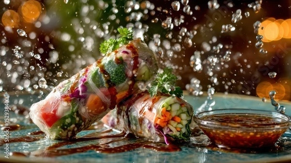 Fototapeta Hovering veggie spring rolls with sweet chili dip splashes against a softly blurred Asian fusion kitchen backdrop