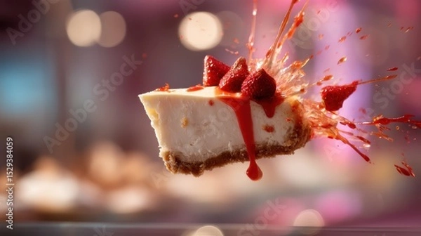 Fototapeta Mid-air cheesecake slice with vibrant strawberry coulis bursts over a softly blurred patisserie display background