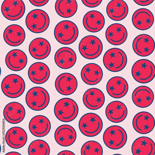 Fototapeta Fourth of July smiling red happy faces with American blue stars seamless pattern on white background. For Independence day print, fabric and textile