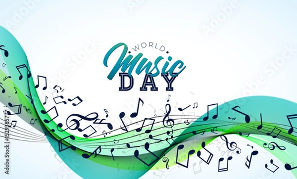 Fototapeta World Music Day Banner Illustration with Musical Notes and Typography Letter on White Background. Vector International June 21 Festival Design Template for Post Card, Greeting Card, Holiday Poster