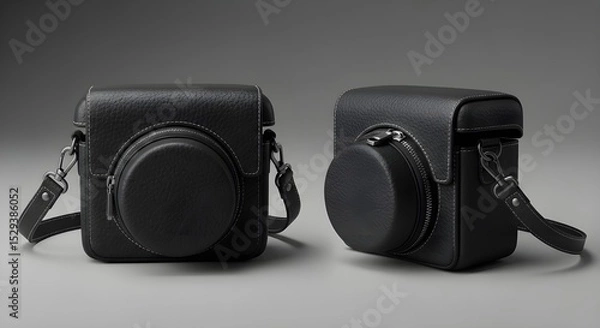 Obraz Black Textured Camera Case with Zipper and Strap – 3D Mockup on Neutral Background