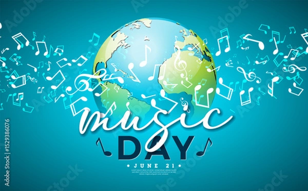 Fototapeta World Music Day Banner Illustration with Musical Notes, Earth Globe and Typography Letter on Blue Background. Vector International June 21 Festival Design Template for Post Card, Greeting Card