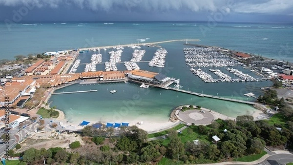 Fototapeta Hillarys, Australia – June 3, 2025: Aerial View of The Hillarys Boat Harbour of Perth CBD