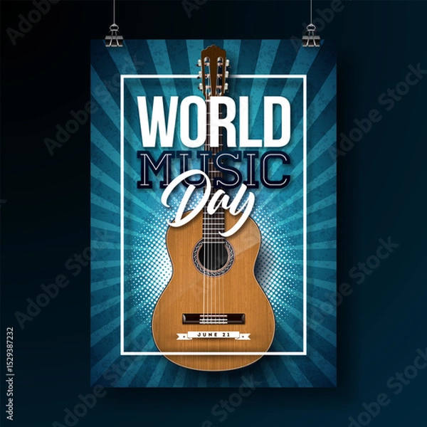 Fototapeta World Music Day Poster Illustration with Musical Notes and Typography Letter on Blue Background. Vector International June 21 Festival Design Template for Post Card, Greeting Card, Holiday Banner