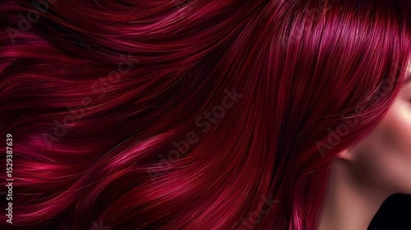Fototapeta Glossy burgundy red straight hair flowing elegantly reflecting deep plum red undertones