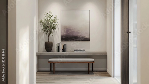 Fototapeta a close up of the elements on the console table like books, art, hanging plants,modern entryway with a close up of minimalist console table,grey and white and purple soft natural light,layered texture