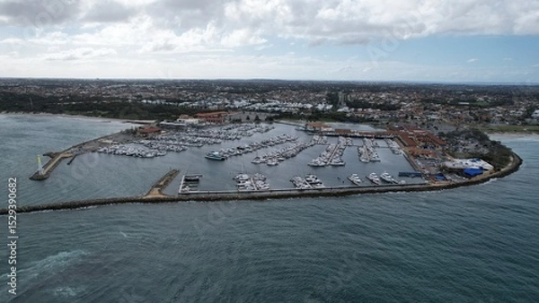 Fototapeta Hillarys, Australia – June 3, 2025: Aerial View of The Hillarys Boat Harbour of Perth CBD