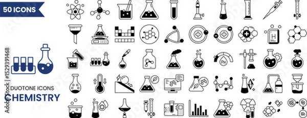 Fototapeta Chemistry icon set in duotone style. Containing test flask, test tube, chemistry lab, experiment, chemical bond, atom, molecule and more. Vector illustration