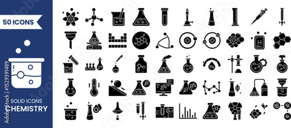 Fototapeta Chemistry icon set in solid style. Containing test flask, test tube, chemistry lab, experiment, chemical bond, atom, molecule and more. Vector illustration