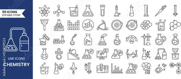 Fototapeta Chemistry line editable icon set. Containing test flask, test tube, chemistry lab, experiment, chemical bond, atom, molecule and more. Vector illustration