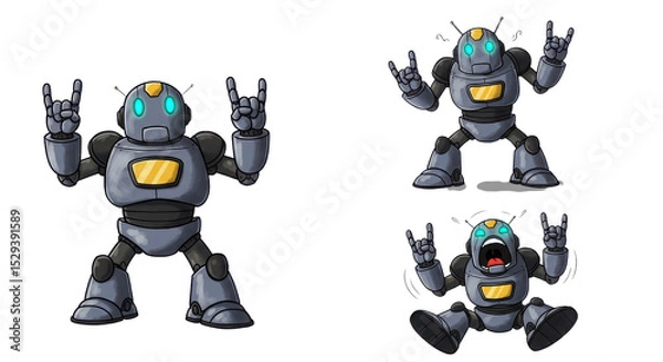 Obraz Cartoon Illustration of a Robot Making Rock On Sign isolated PNG with Transparent Background