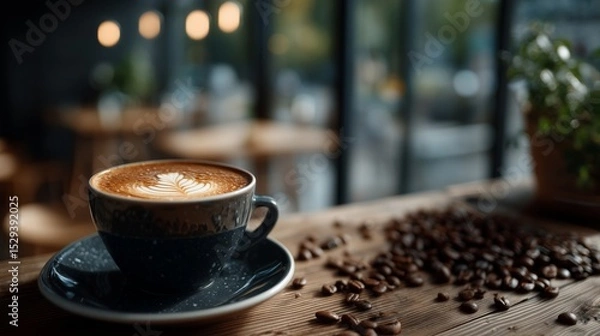 Fototapeta Cup of Coffee with Latte Art and Coffee Beans
