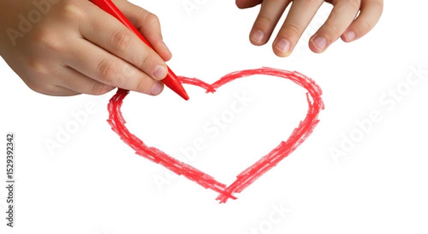 Obraz Child's hands drawing a red heart with crayon isolated PNG with Transparent Background