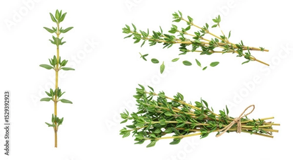Obraz Fresh thyme herb sprigs and bunch tied with twine isolated PNG with Transparent Background