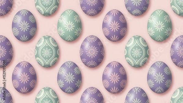 Fototapeta Pastel Easter eggs with floral and paisley patterns arranged on a pink background.