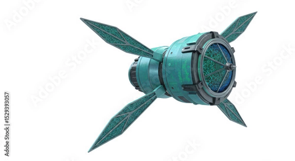 Obraz Futuristic spaceship model with green sails isolated PNG with Transparent Background