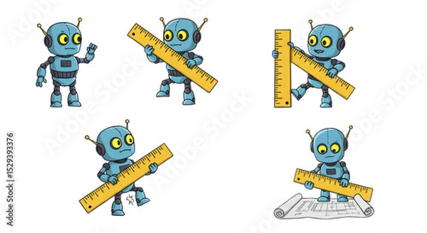 Fototapeta Cute cartoon robot character with ruler in various poses isolated PNG with Transparent Background