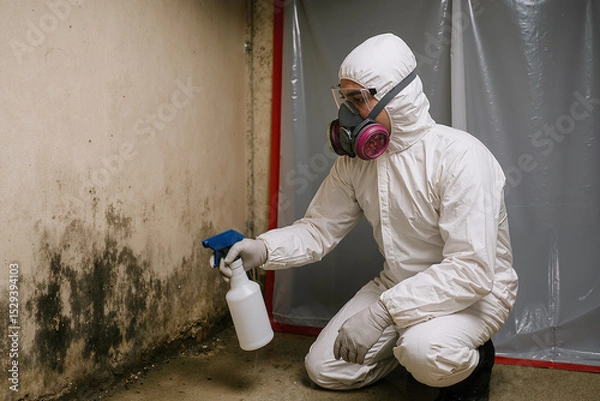Obraz worker in protective clothing using spray bottle to clean mold from wall in indoor environment ensuring safety and health during remediation process