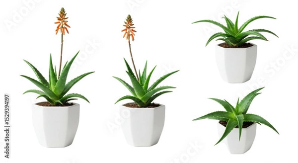 Obraz Aloe vera plants with flowers in white pots isolated PNG with Transparent Background