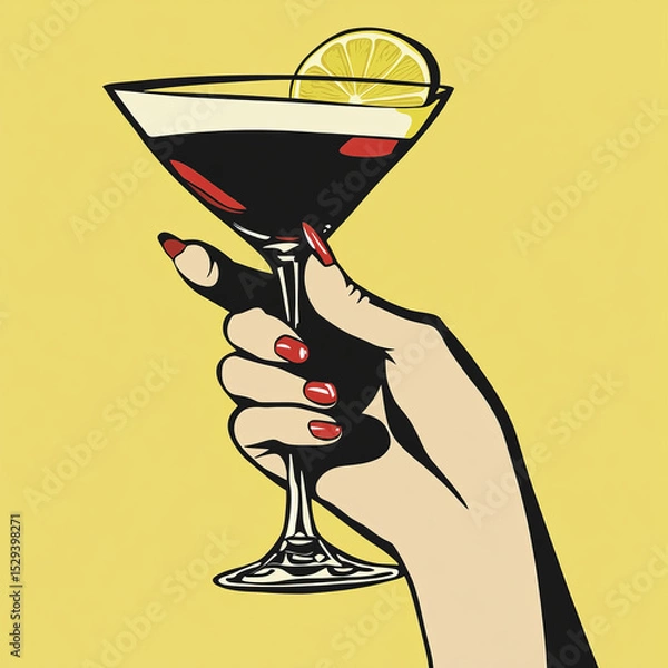 Fototapeta A woman's hand gracefully holds a cocktail, capturing a moment of elegance and sophistication in a stylish setting.
