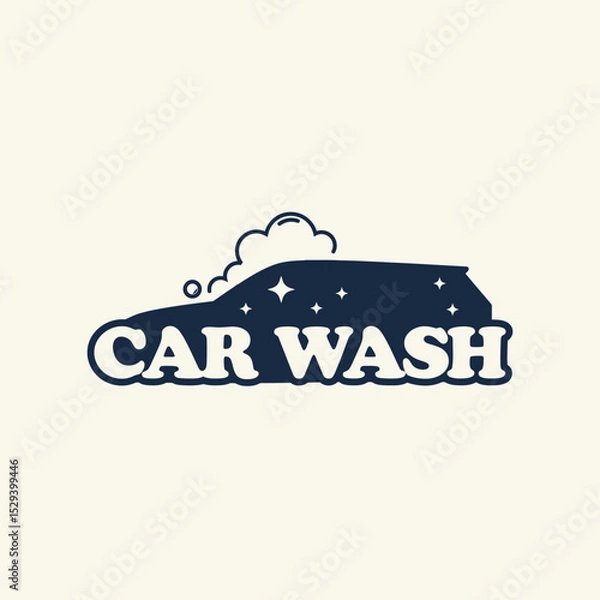 Fototapeta Minimalist car wash logo with a smooth vehicle silhouette, foam bubbles, and clear sans-serif lettering isolated on bright background. Designed for car wash stations and garage branding.