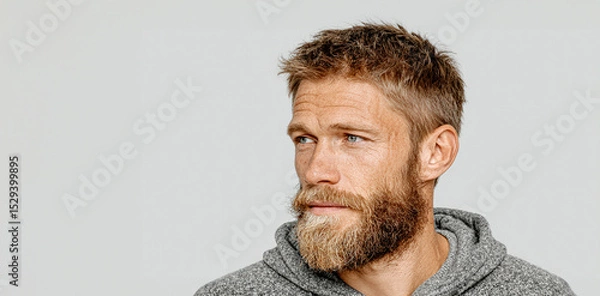 Fototapeta Portrait of a Handsome Man with a Well-Groomed Beard Isolated on White Background – Stylish Male Model with Facial Hair, Copy Space