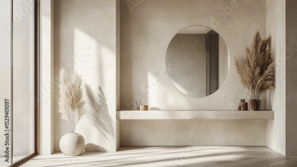 Obraz modern entryway with a minimalist console table, grey and white soft natural light, and layered textures. Alt text, A minimalist entryway with layered lighting, clean lines, and soft neutral colors