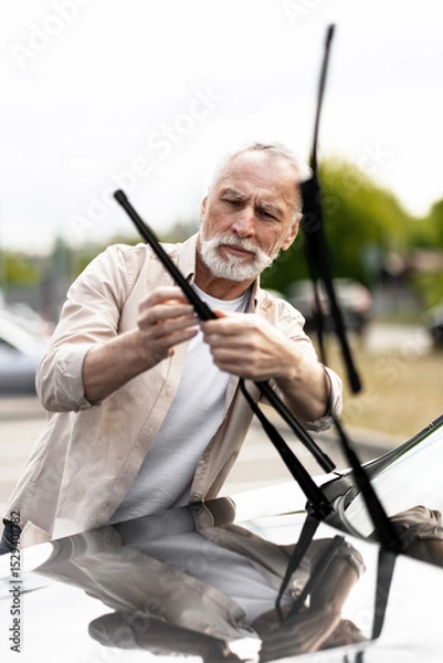 Fototapeta Handsome senior man replacing windshield wipers on car