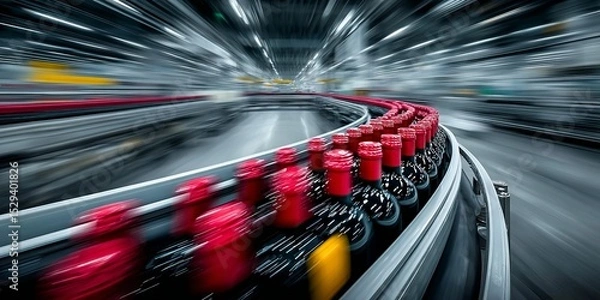 Fototapeta Red wine bottles moving at high speed on curved conveyor line inside modern automated factory