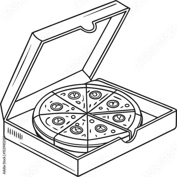 Fototapeta This collection of black and white line art illustrates various views of a pizza box, some including a slice of pizza or the entire pizza inside