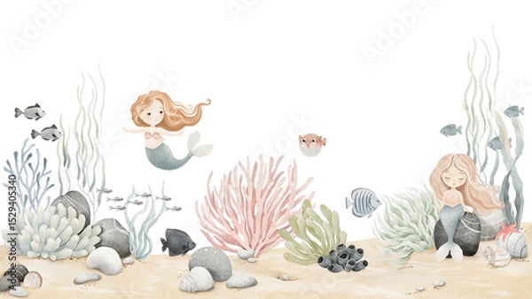 Obraz Cute mermaids on seabed with different fishes, stones and sea plants. Watercolor cartoon isolated illustration for your design childish mural, wallpaper or background, hand-drawn horizontal border.