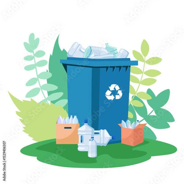 Fototapeta Blue recycling bin full of plastic bottles, surrounded by cardboard boxes and greenery, on white background. Concept of plastic recycling. Vector illustration