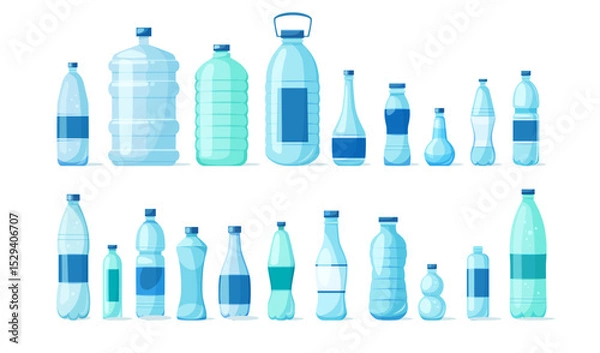 Fototapeta Collection of plastic water bottles in diverse shapes and volumes, flat graphic style, isolated on white background. Concept of packaging and hydration. Vector illustration