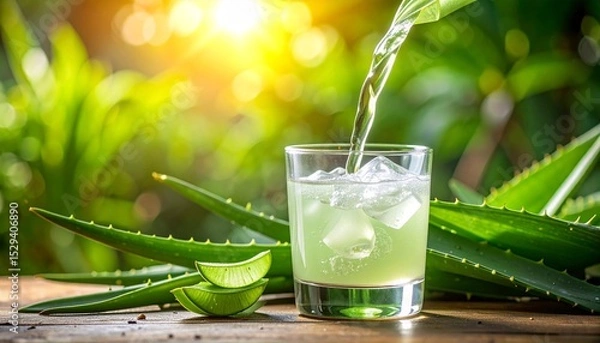 Fototapeta Fresh aloe vera juice is poured into a glass with ice cubes near aloe leaves and lime slices on a wooden table with sunlight on a blurred green background.